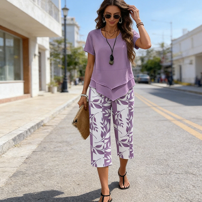 Casual 2-Piece Set – Layered Tunic Top & Printed Wide-Leg Pants, Lightweight Polyester