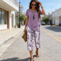 Casual 2-Piece Set – Layered Tunic Top & Printed Wide-Leg Pants, Lightweight Polyester