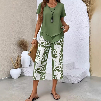 Casual 2-Piece Set – Layered Tunic Top & Printed Wide-Leg Pants, Lightweight Polyester