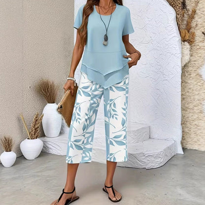 Casual 2-Piece Set – Layered Tunic Top & Printed Wide-Leg Pants, Lightweight Polyester