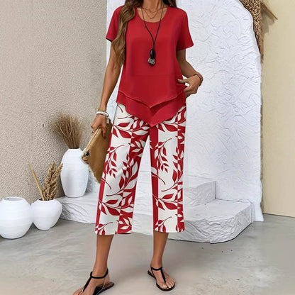 Casual 2-Piece Set – Layered Tunic Top & Printed Wide-Leg Pants, Lightweight Polyester