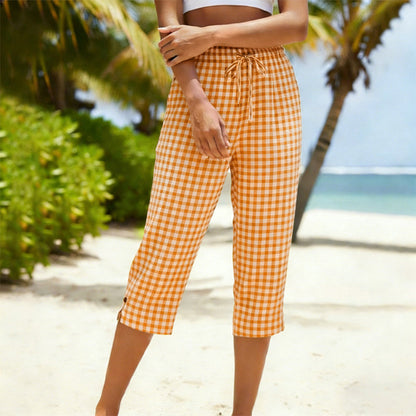 Gingham Capri Pants – Drawstring Comfort & Breathable Cotton-Linen