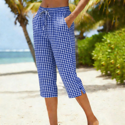 Gingham Capri Pants – Drawstring Comfort & Breathable Cotton-Linen
