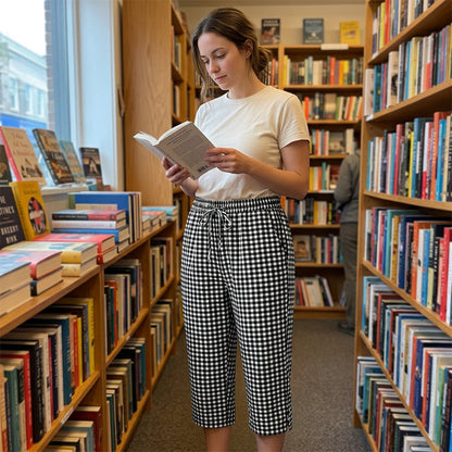 Gingham Capri Pants – Drawstring Comfort & Breathable Cotton-Linen