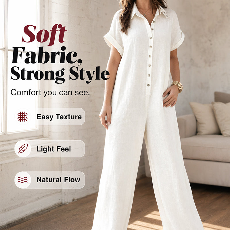Women's Casual Loose Short Sleeve Button Jumpsuit – Comfortable, Flattering & Effortlessly Stylish