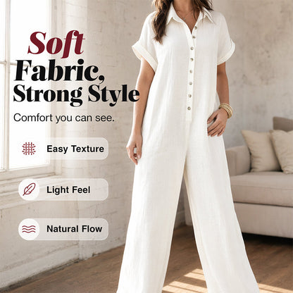 Women's Casual Loose Short Sleeve Button Jumpsuit – Comfortable, Flattering & Effortlessly Stylish