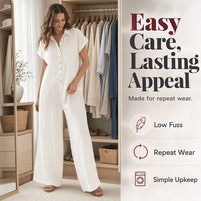 Women's Casual Loose Short Sleeve Button Jumpsuit – Comfortable, Flattering & Effortlessly Stylish