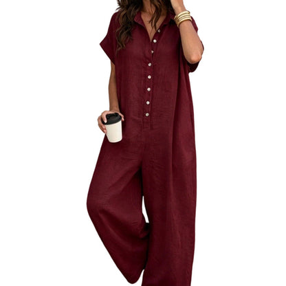 Women's Casual Loose Short Sleeve Button Jumpsuit – Comfortable, Flattering & Effortlessly Stylish