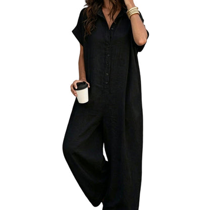 Women's Casual Loose Short Sleeve Button Jumpsuit – Comfortable, Flattering & Effortlessly Stylish