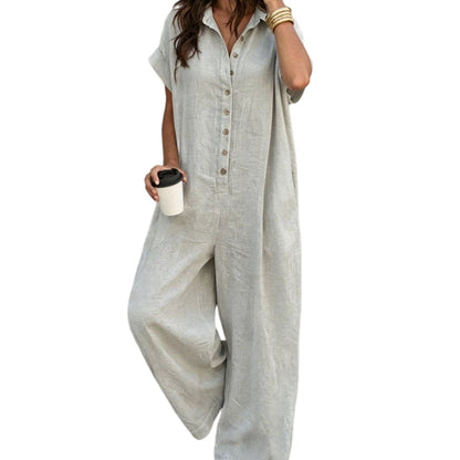 Women's Casual Loose Short Sleeve Button Jumpsuit – Comfortable, Flattering & Effortlessly Stylish