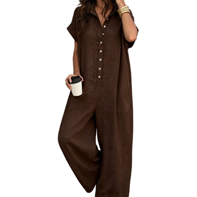 Women's Casual Loose Short Sleeve Button Jumpsuit – Comfortable, Flattering & Effortlessly Stylish