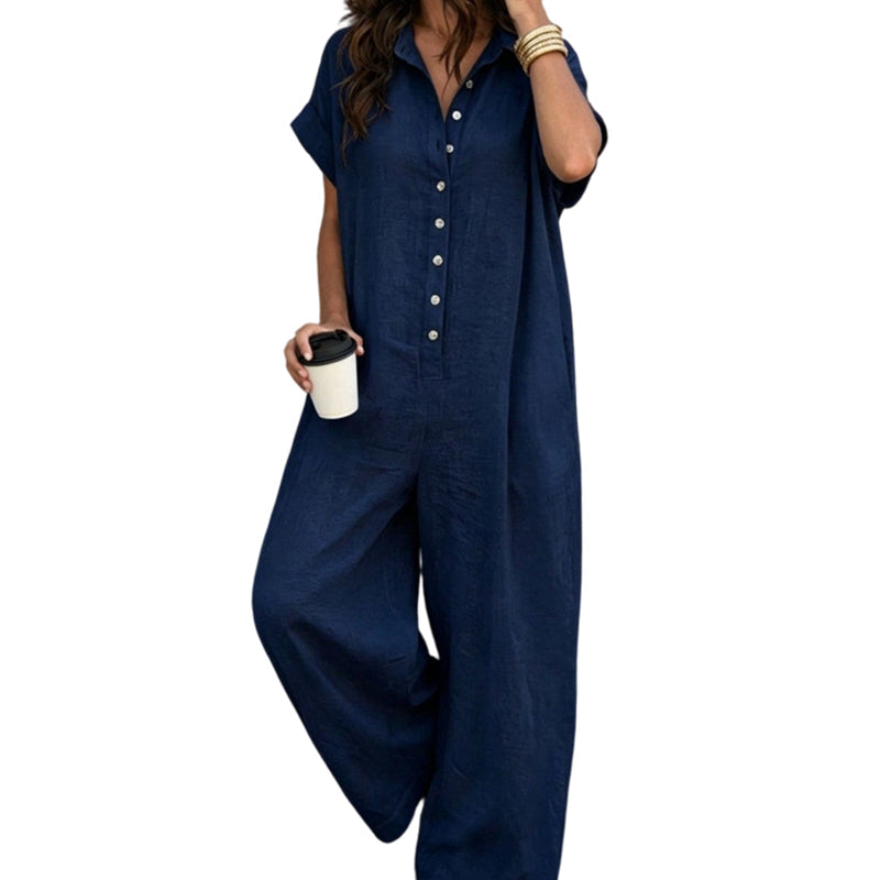 Women's Casual Loose Short Sleeve Button Jumpsuit – Comfortable, Flattering & Effortlessly Stylish