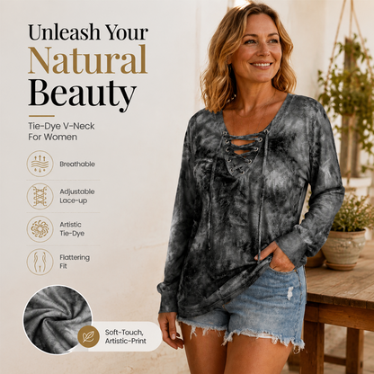 V-Neck Tie-Dye Top with Lace-Up Detail – Soft Drape & Versatile Style for Any Casual Day