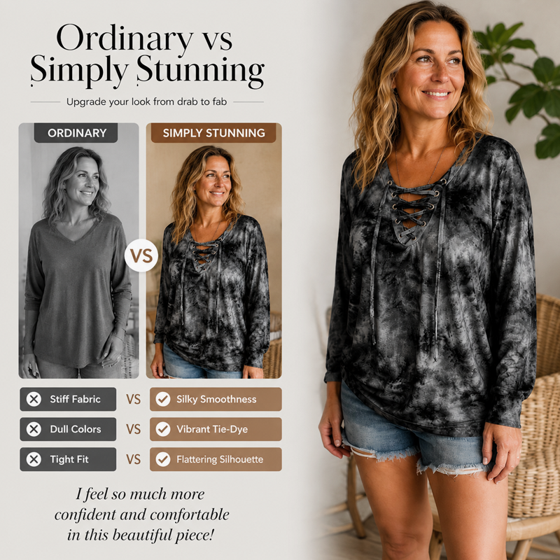 V-Neck Tie-Dye Top with Lace-Up Detail – Soft Drape & Versatile Style for Any Casual Day