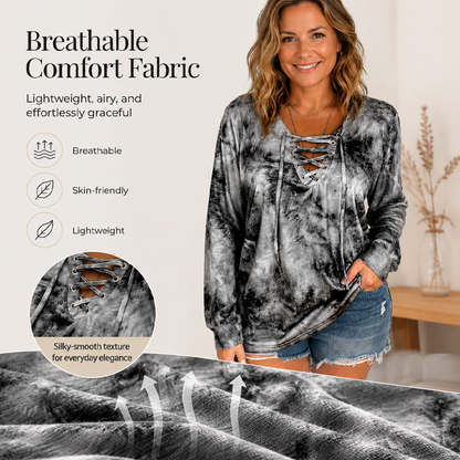 V-Neck Tie-Dye Top with Lace-Up Detail – Soft Drape & Versatile Style for Any Casual Day