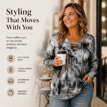 V-Neck Tie-Dye Top with Lace-Up Detail – Soft Drape & Versatile Style for Any Casual Day