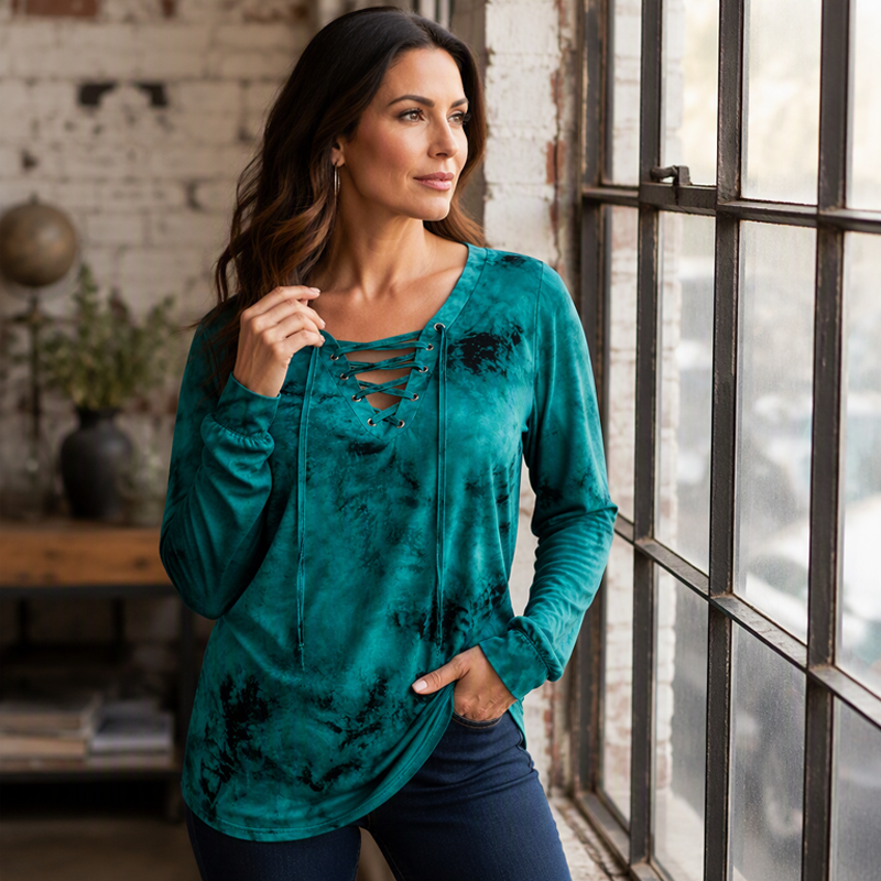 V-Neck Tie-Dye Top with Lace-Up Detail – Soft Drape & Versatile Style for Any Casual Day