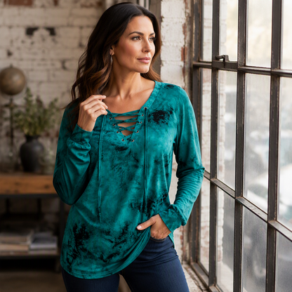 V-Neck Tie-Dye Top with Lace-Up Detail – Soft Drape & Versatile Style for Any Casual Day