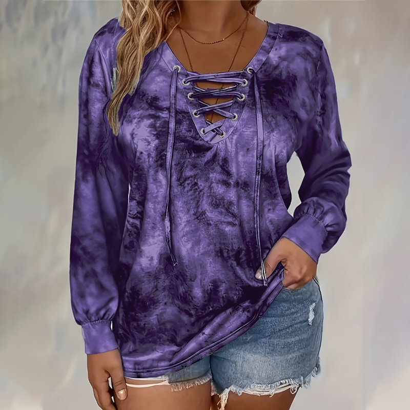 V-Neck Tie-Dye Top with Lace-Up Detail – Soft Drape & Versatile Style for Any Casual Day