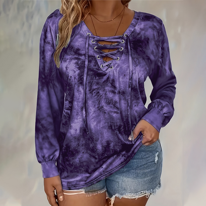 V-Neck Tie-Dye Top with Lace-Up Detail – Soft Drape & Versatile Style for Any Casual Day