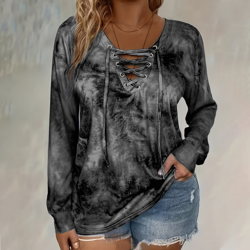 V-Neck Tie-Dye Top with Lace-Up Detail – Soft Drape & Versatile Style for Any Casual Day