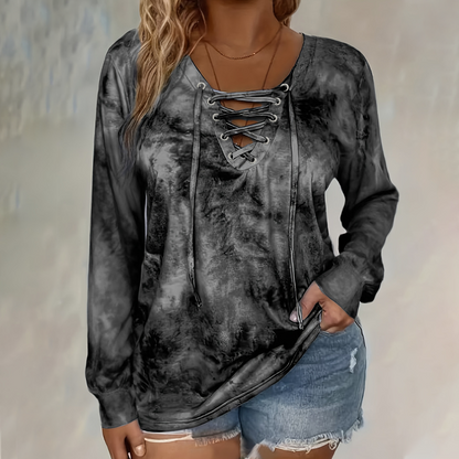 V-Neck Tie-Dye Top with Lace-Up Detail – Soft Drape & Versatile Style for Any Casual Day
