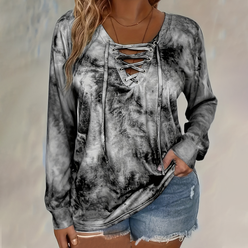 V-Neck Tie-Dye Top with Lace-Up Detail – Soft Drape & Versatile Style for Any Casual Day