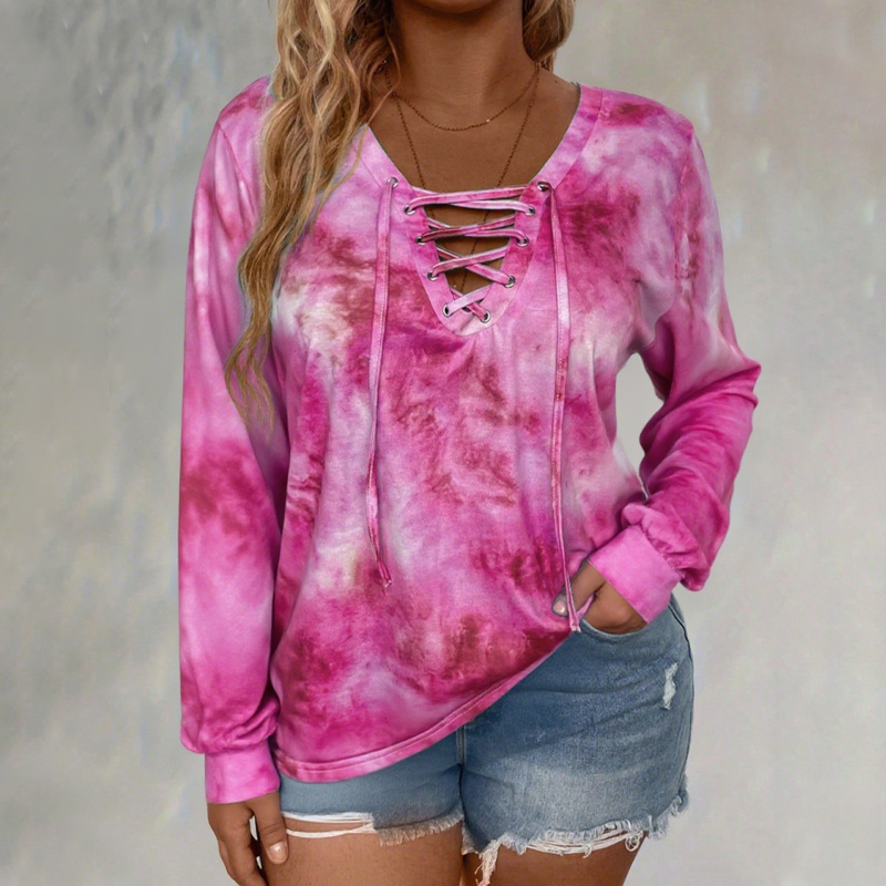 V-Neck Tie-Dye Top with Lace-Up Detail – Soft Drape & Versatile Style for Any Casual Day