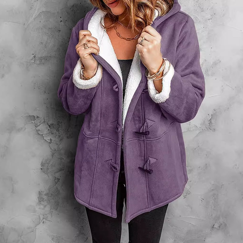 Double-Breasted Hooded Coat – Soft Suede Outer & Warm Lining for Commute or Outdoor Wear