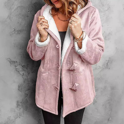 Double-Breasted Hooded Coat – Soft Suede Outer & Warm Lining for Commute or Outdoor Wear