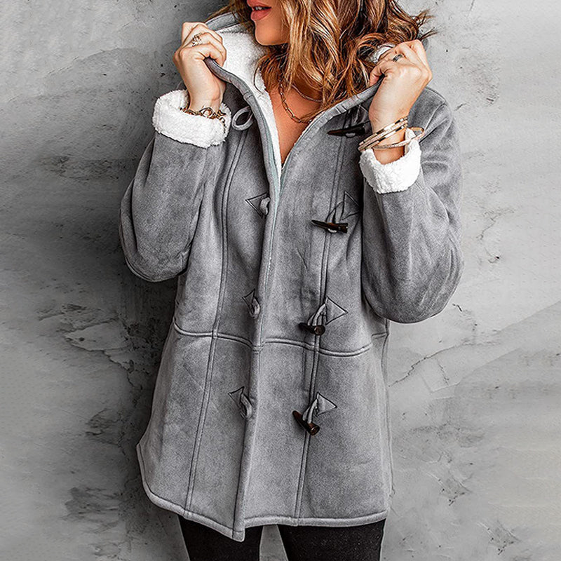 Double-Breasted Hooded Coat – Soft Suede Outer & Warm Lining for Commute or Outdoor Wear