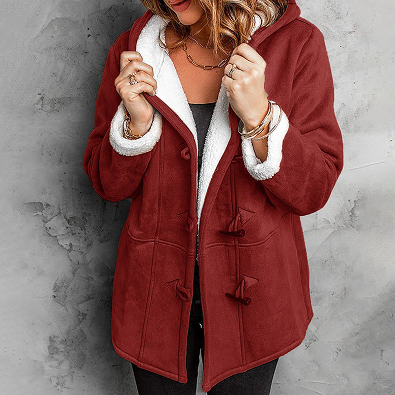 Double-Breasted Hooded Coat – Soft Suede Outer & Warm Lining for Commute or Outdoor Wear