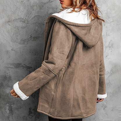 Double-Breasted Hooded Coat – Soft Suede Outer & Warm Lining for Commute or Outdoor Wear