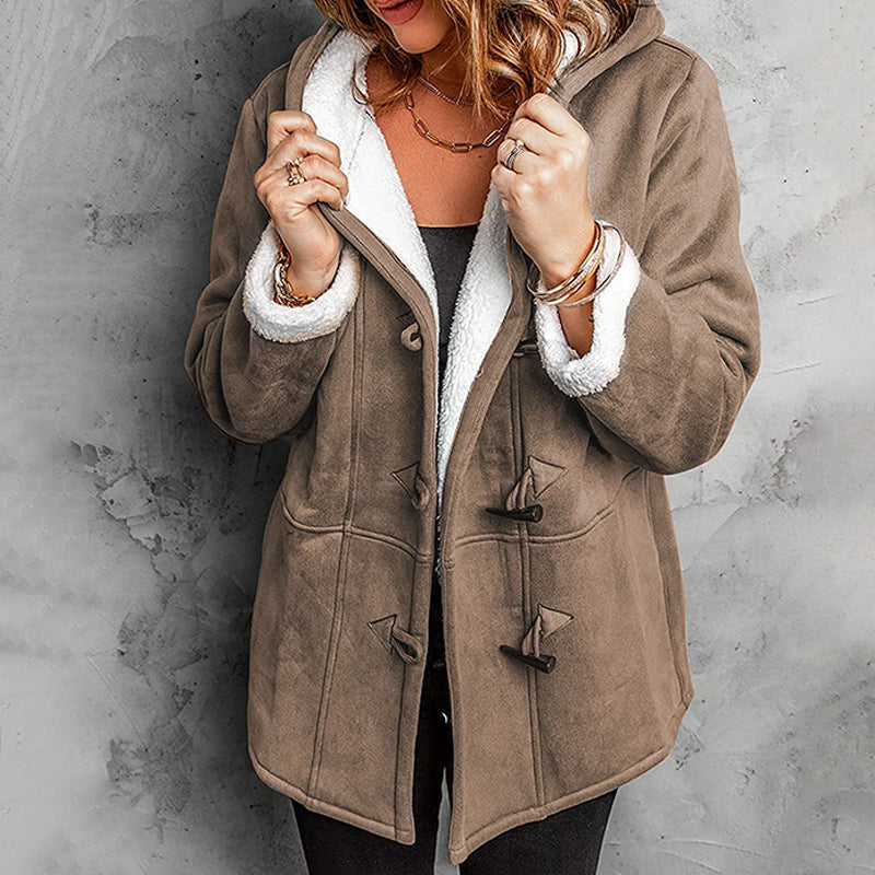 Double-Breasted Hooded Coat – Soft Suede Outer & Warm Lining for Commute or Outdoor Wear