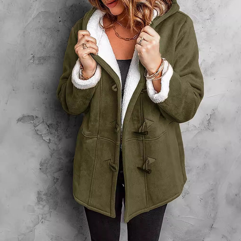 Double-Breasted Hooded Coat – Soft Suede Outer & Warm Lining for Commute or Outdoor Wear