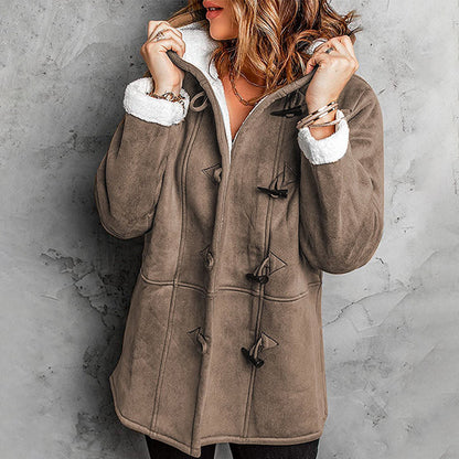 Double-Breasted Hooded Coat – Soft Suede Outer & Warm Lining for Commute or Outdoor Wear