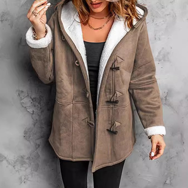 Double-Breasted Hooded Coat – Soft Suede Outer & Warm Lining for Commute or Outdoor Wear