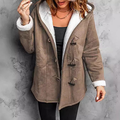 Double-Breasted Hooded Coat – Soft Suede Outer & Warm Lining for Commute or Outdoor Wear