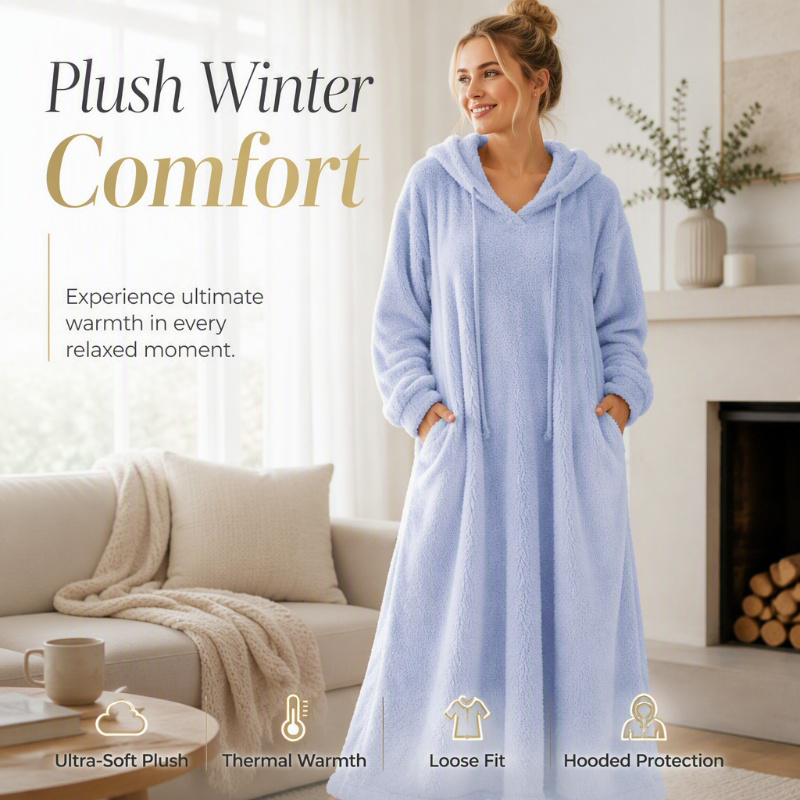 ❄️ Cozy Winter Comfort | 👗Women's Plush Hooded Maxi Lounge Dress