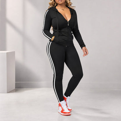 ✨ Sporty Everyday Comfort | Women's Striped Zip-Up Hoodie & Pants 2-Piece Set