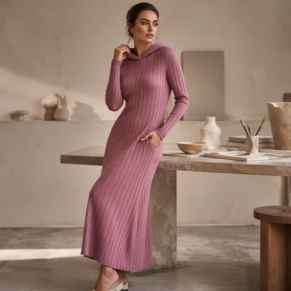 Textured Comfort | Women's Ribbed-Knit Hooded Maxi Dress with Pockets