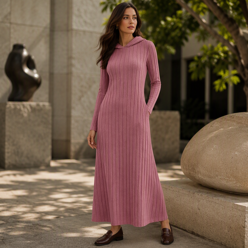 Textured Comfort | Women's Ribbed-Knit Hooded Maxi Dress with Pockets