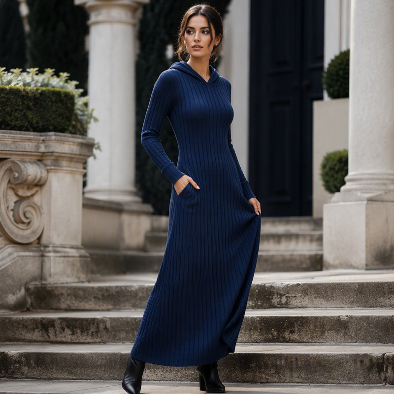 Textured Comfort | Women's Ribbed-Knit Hooded Maxi Dress with Pockets