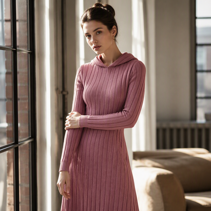 Textured Comfort | Women's Ribbed-Knit Hooded Maxi Dress with Pockets