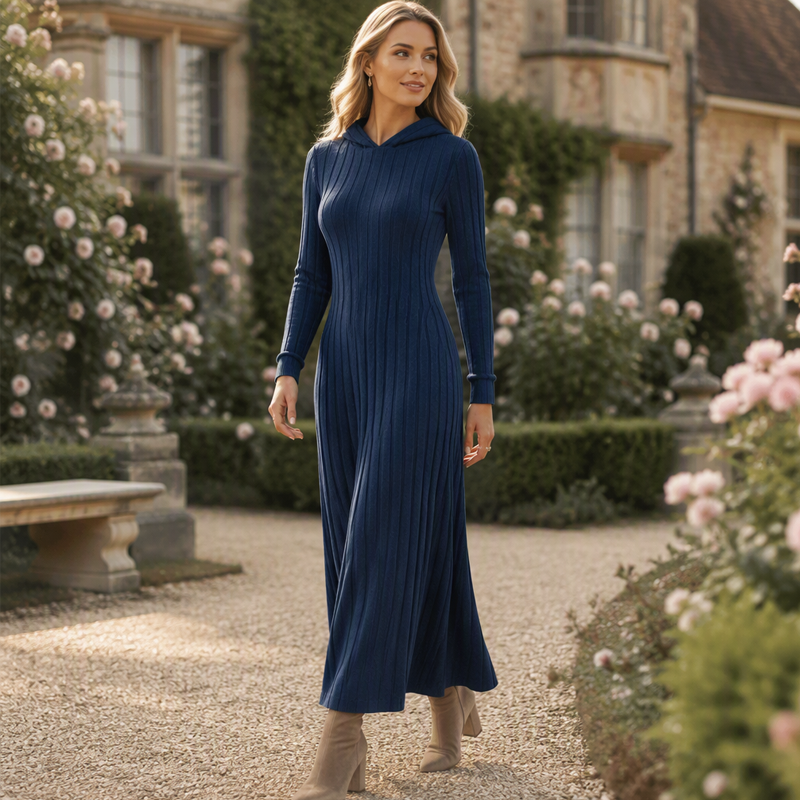Textured Comfort | Women's Ribbed-Knit Hooded Maxi Dress with Pockets