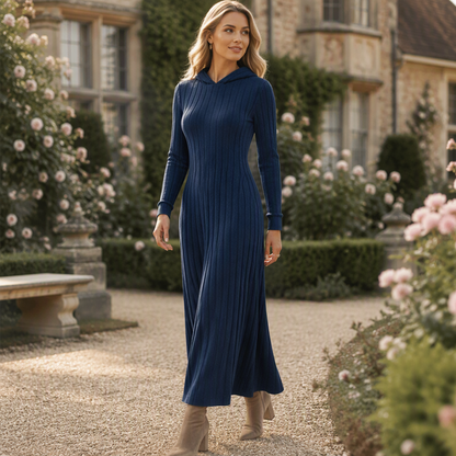 Textured Comfort | Women's Ribbed-Knit Hooded Maxi Dress with Pockets