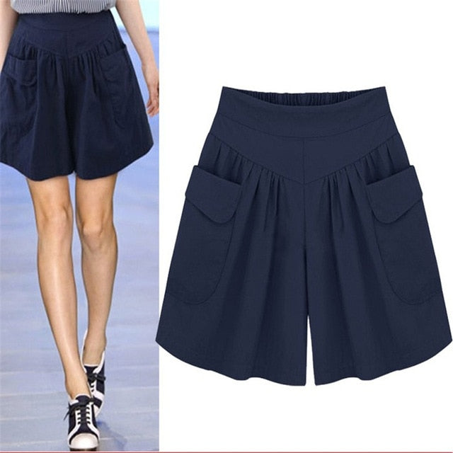 Women Summer Loose Casual Shorts Culottes Elastic Waist Wide Shorts with Pockets