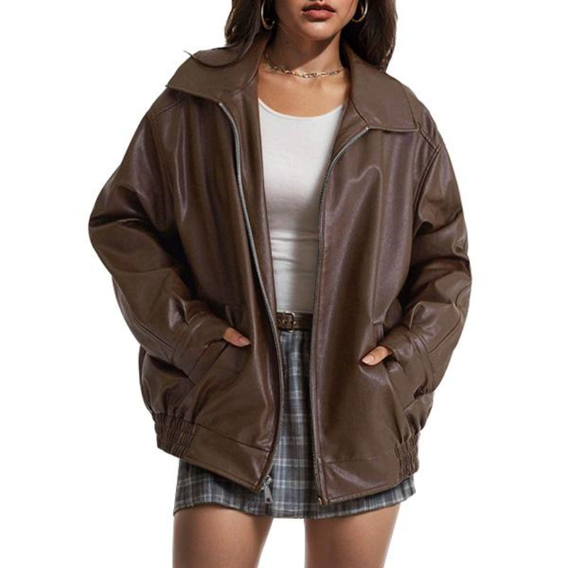 Oversized Faux Leather Zip Up Jacket